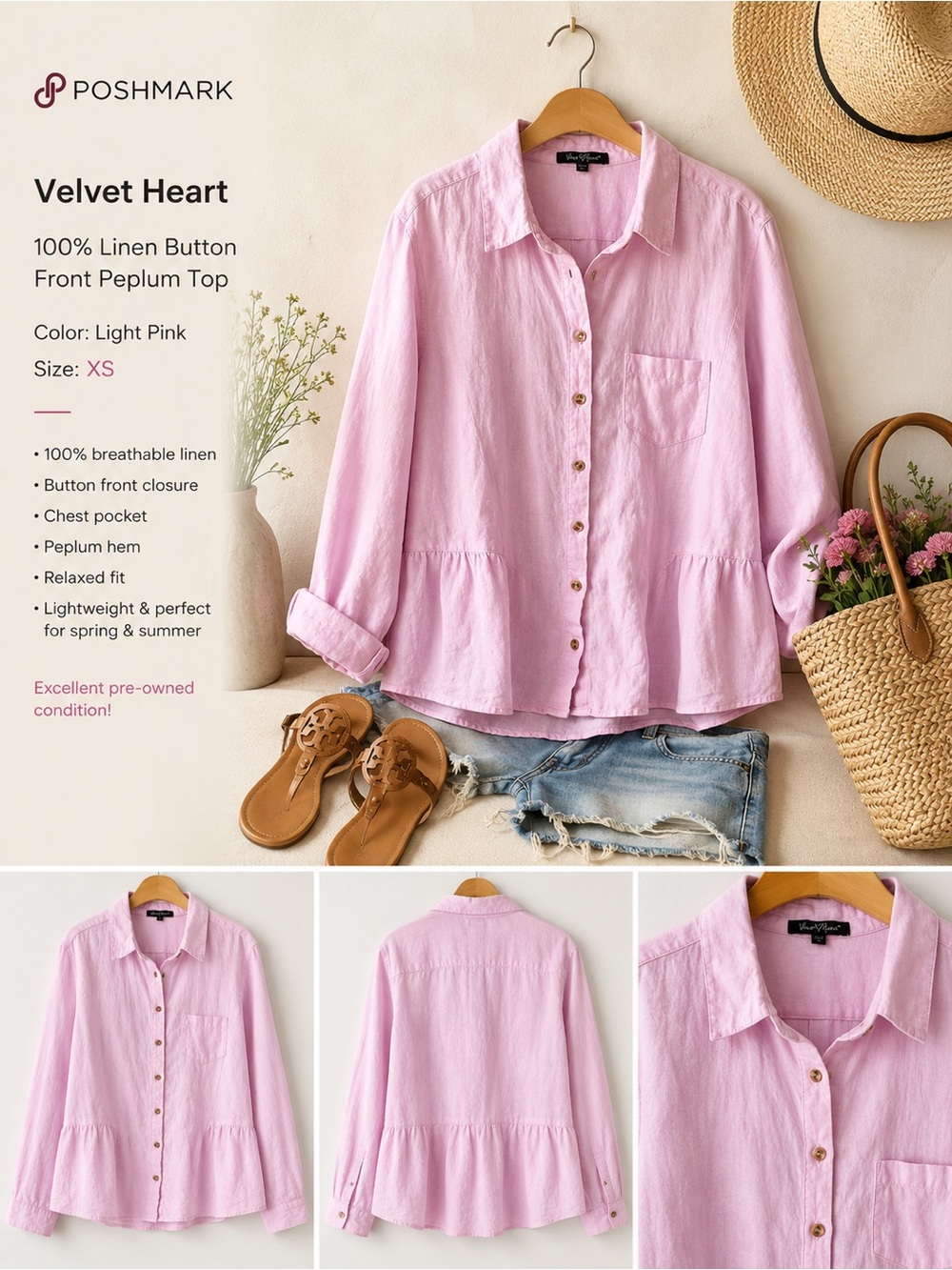 LINEN Peplum Button Down Long Sleeve Blouse Size Large Light Pink